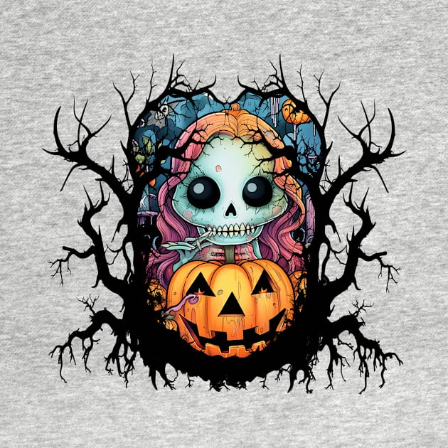 Skele and Jack O Lantern Halloween Spooky Tree by Purple Dewdrop Designs